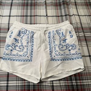 Large Boohooman swim trunks, white and blue